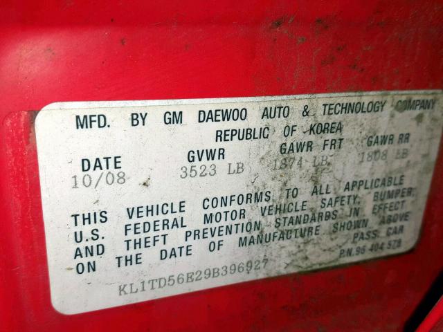 KL1TD56E29B396927 - 2009 CHEVROLET AVEO LS RED photo 10