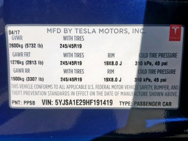 5YJSA1E29HF191419 - 2017 TESLA MODEL S BLUE photo 10