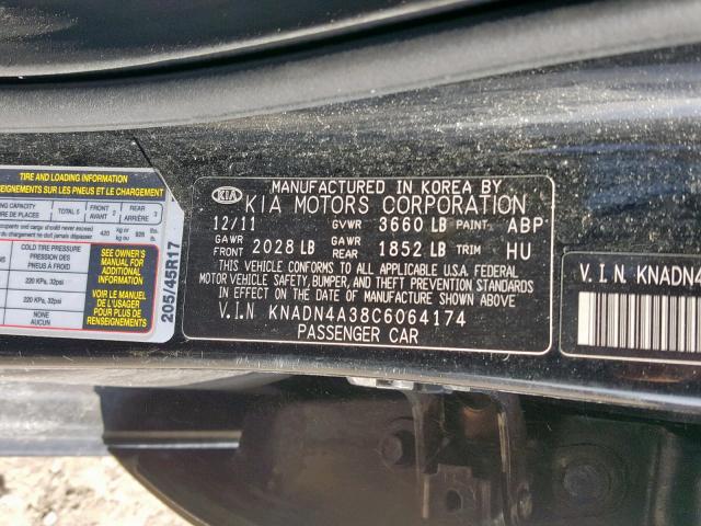 KNADN4A38C6064174 - 2012 KIA RIO EX BLACK photo 10