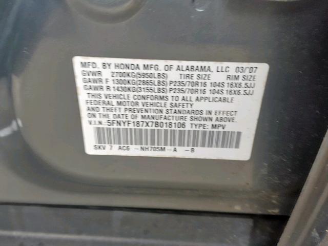 5FNYF187X7B018106 - 2007 HONDA PILOT EXL GRAY photo 10