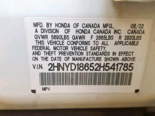 2HNYD18652H541785 - 2002 ACURA MDX TOURIN WHITE photo 10