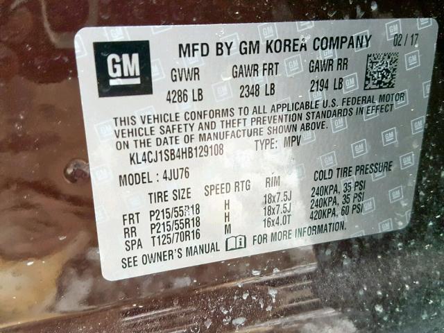 KL4CJ1SB4HB129108 - 2017 BUICK ENCORE SPO MAROON photo 10