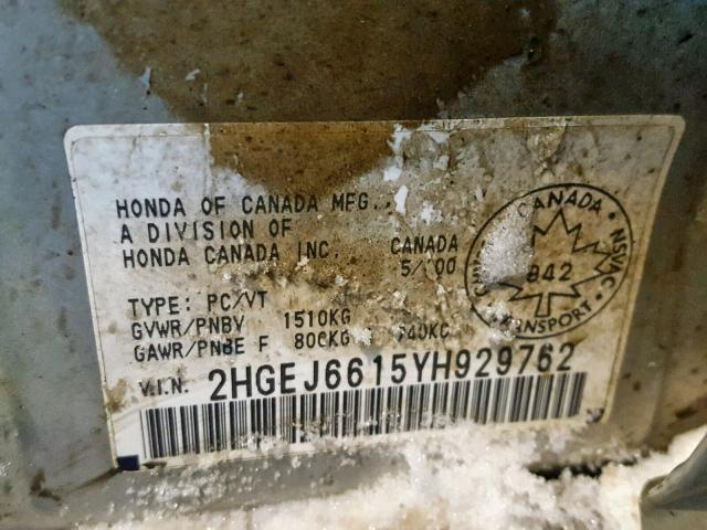 2HGEJ6615YH929762 - 2000 HONDA CIVIC BASE SILVER photo 10