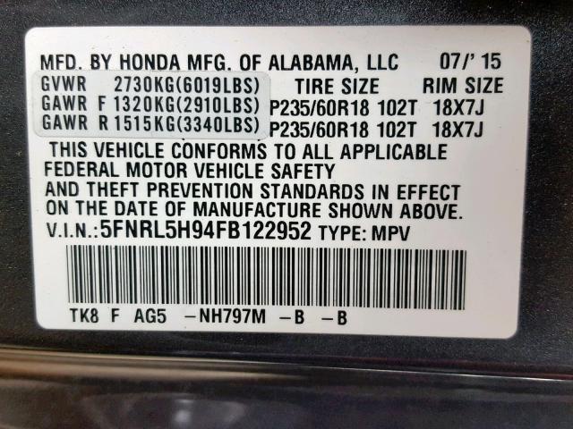 5FNRL5H94FB122952 - 2015 HONDA ODYSSEY TO GRAY photo 10