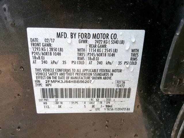 2FMPK3J84HBB56207 - 2017 FORD EDGE SEL CHARCOAL photo 10