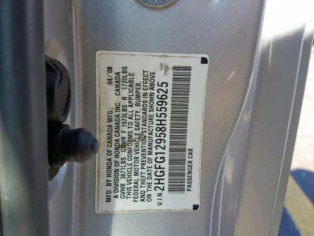 2HGFG12958H559625 - 2008 HONDA CIVIC EXL SILVER photo 10