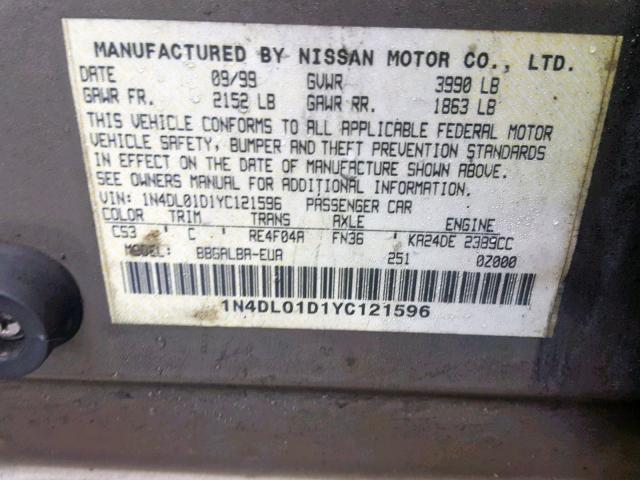 1N4DL01D1YC121596 - 2000 NISSAN ALTIMA XE BEIGE photo 10