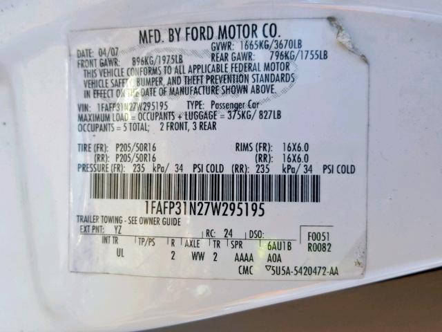 1FAFP31N27W295195 - 2007 FORD FOCUS ZX3 WHITE photo 10