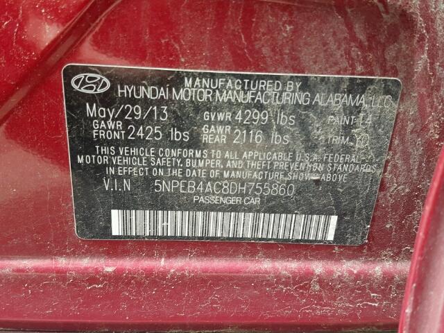 5NPEB4AC8DH755860 - 2013 HYUNDAI SONATA GLS BURGUNDY photo 10