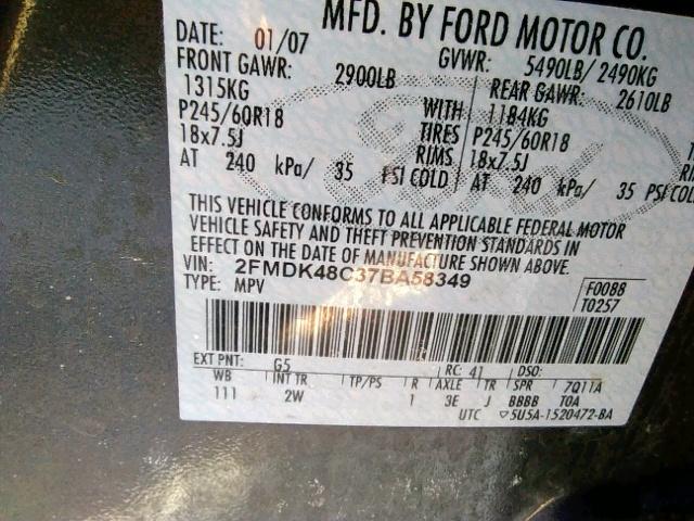 2FMDK48C37BA58349 - 2007 FORD EDGE SEL BLACK photo 10