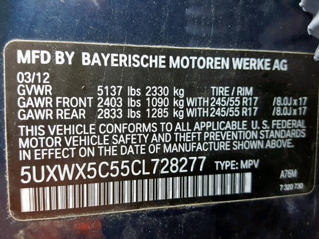 5UXWX5C55CL728277 - 2012 BMW X3 XDRIVE2 BLUE photo 10