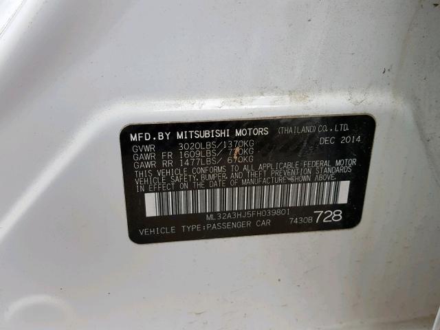 ML32A3HJ5FH039801 - 2015 MITSUBISHI MIRAGE DE WHITE photo 10