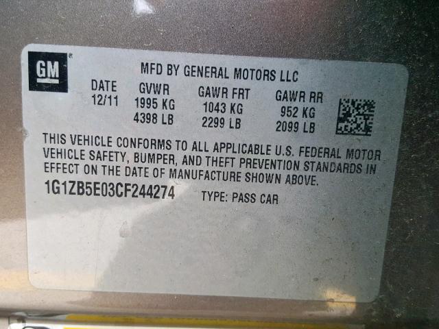 1G1ZB5E03CF244274 - 2012 CHEVROLET MALIBU LS SILVER photo 10