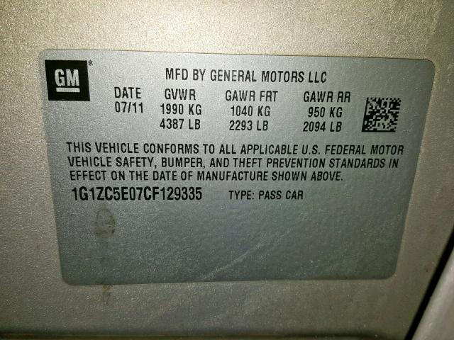 1G1ZC5E07CF129335 - 2012 CHEVROLET MALIBU 1LT 金色 照片 10