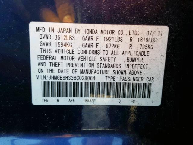 JHMGE8H33BC028064 - 2011 HONDA FIT BLUE photo 10