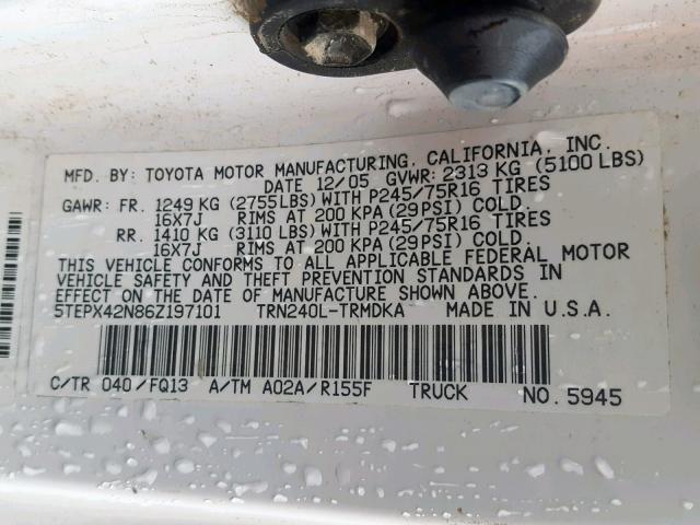 5TEPX42N86Z197101 - 2006 TOYOTA TACOMA WHITE photo 10