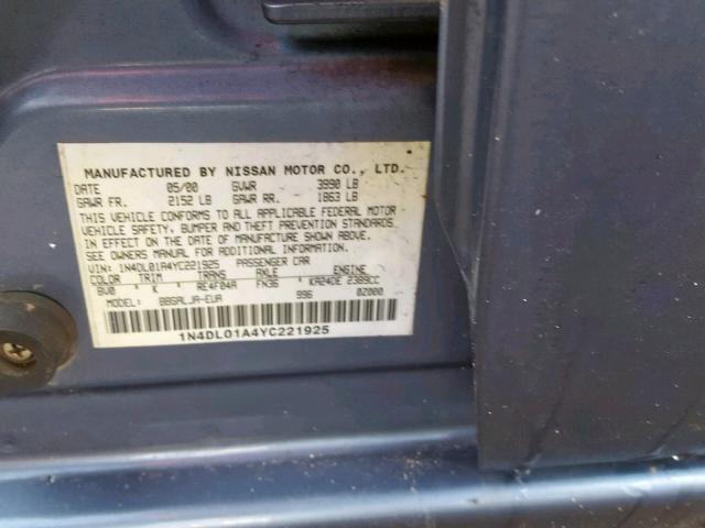 1N4DL01A4YC221925 - 2000 NISSAN ALTIMA XE BLUE photo 10