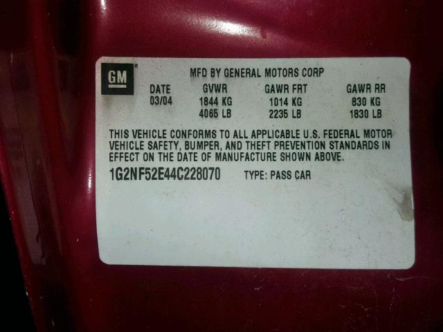 1G2NF52E44C228070 - 2004 PONTIAC GRAND AM S MAROON photo 10