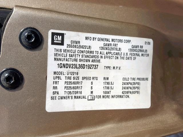 1GNDV23L36D192737 - 2006 CHEVROLET UPLANDER L 金色 照片 10