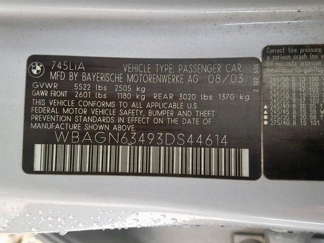 WBAGN63493DS44614 - 2003 BMW 745 LI SILVER photo 10