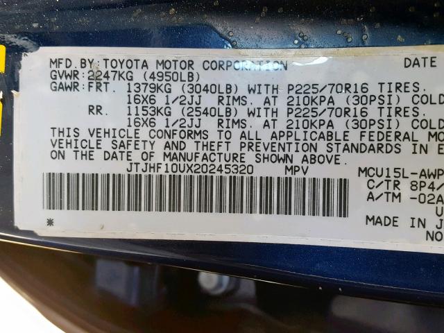 JTJHF10UX20245320 - 2002 LEXUS RX 300 BLUE photo 10