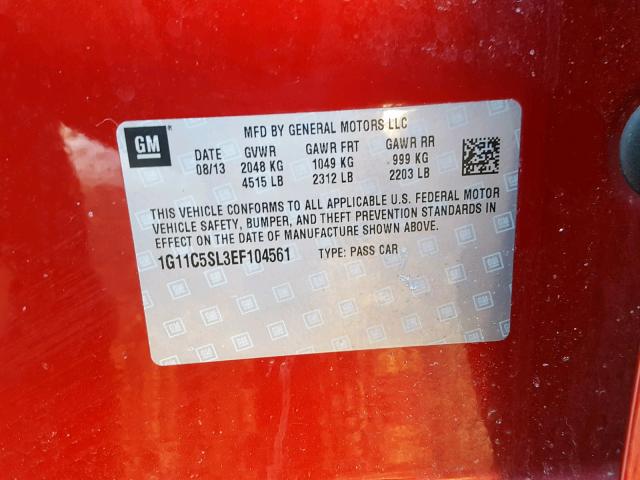 1G11C5SL3EF104561 - 2014 CHEVROLET MALIBU 1LT 红色 照片 10