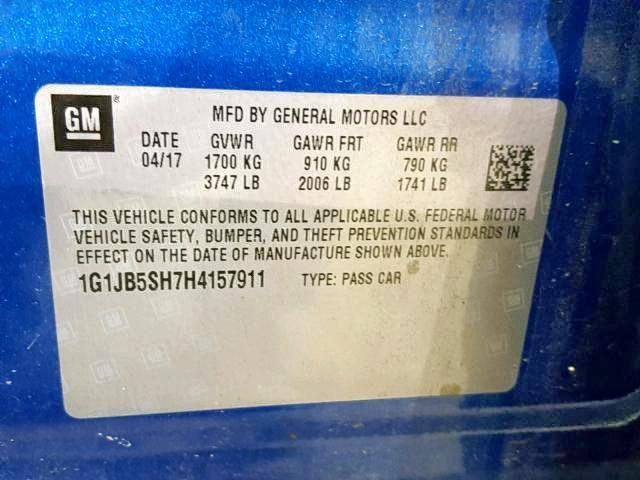 1G1JB5SH7H4157911 - 2017 CHEVROLET SONIC LS 蓝色 照片 10