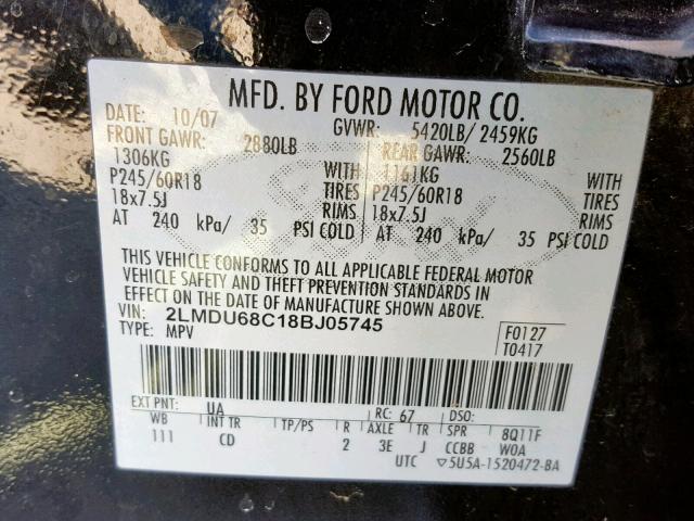 2LMDU68C18BJ05745 - 2008 LINCOLN MKX BLACK photo 10