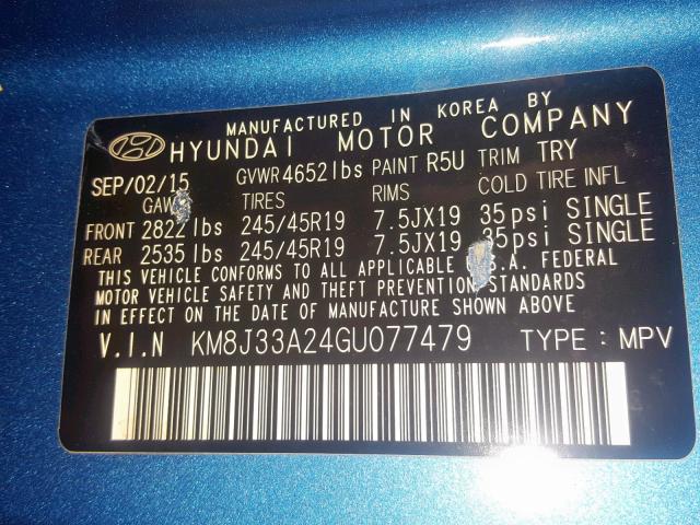 KM8J33A24GU077479 - 2016 HYUNDAI TUCSON LIM BLUE photo 10