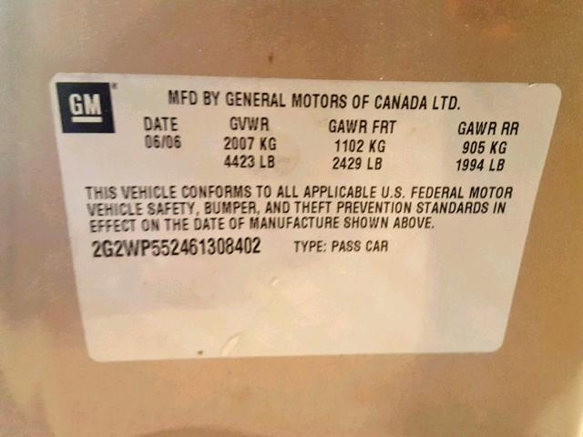 2G2WP552461308402 - 2006 PONTIAC GRAND PRIX GOLD photo 10