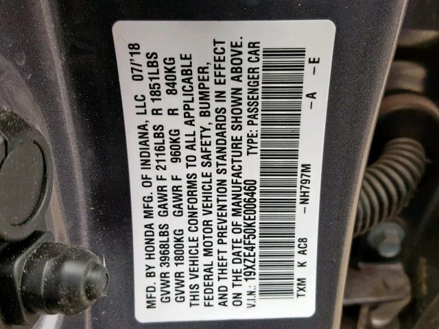 19XZE4F50KE006460 - 2019 HONDA INSIGHT EX GRAY photo 10