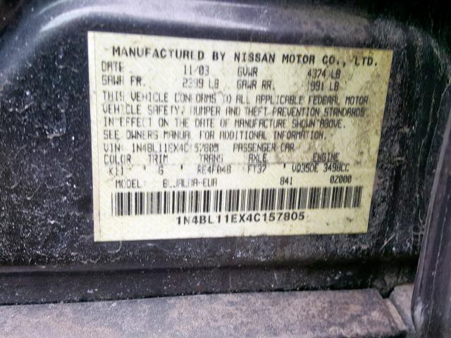 1N4BL11EX4C157805 - 2004 NISSAN ALTIMA SE GRAY photo 10