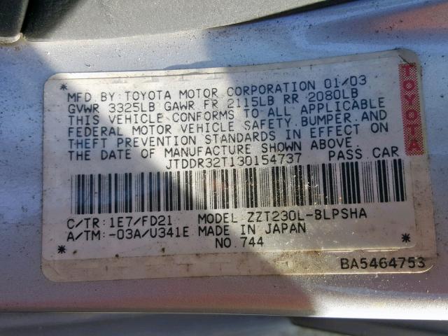 JTDDR32T130154737 - 2003 TOYOTA CELICA GT SILVER photo 10