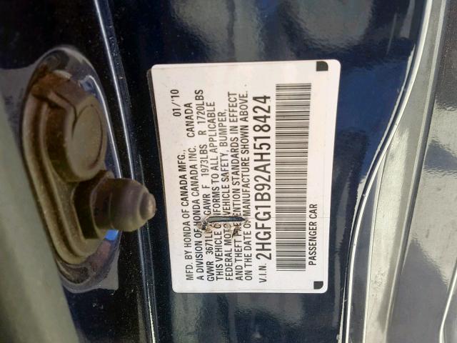 2HGFG1B92AH518424 - 2010 HONDA CIVIC EXL BLUE photo 10