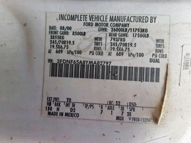 3FDNF65A8YMA82797 - 2000 FORD F650 SUPER WHITE photo 10