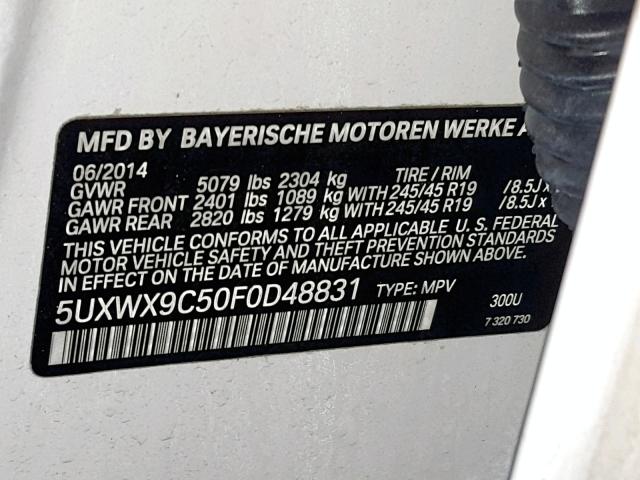 5UXWX9C50F0D48831 - 2015 BMW X3 XDRIVE2 WHITE photo 10