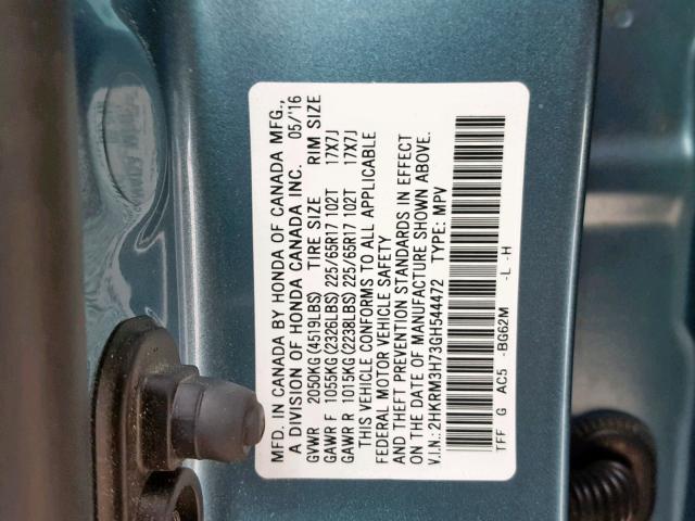 2HKRM3H73GH544472 - 2016 HONDA CR-V EXL BLUE photo 10