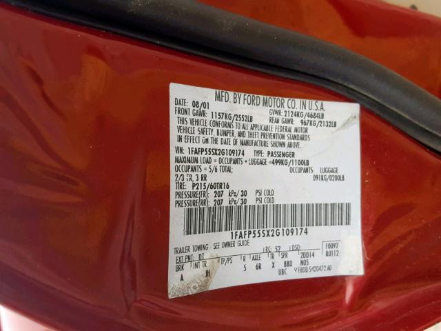 1FAFP55SX2G109174 - 2002 FORD TAURUS SES RED photo 10