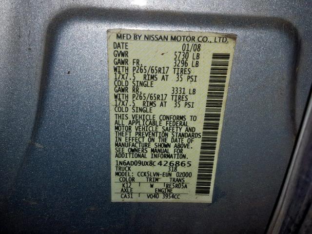 1N6AD09UX8C426865 - 2008 NISSAN FRONTIER C SILVER photo 10