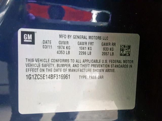 1G1ZC5E14BF316961 - 2011 CHEVROLET MALIBU 1LT ლურჯი ფოტო 10