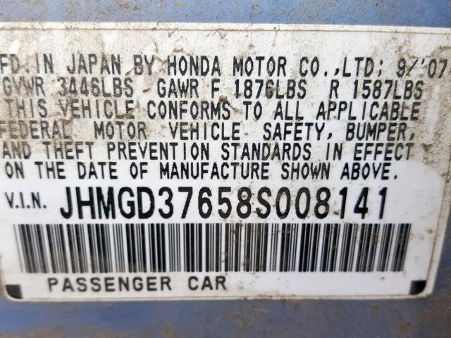 JHMGD37658S008141 - 2008 HONDA FIT SPORT BLUE photo 10