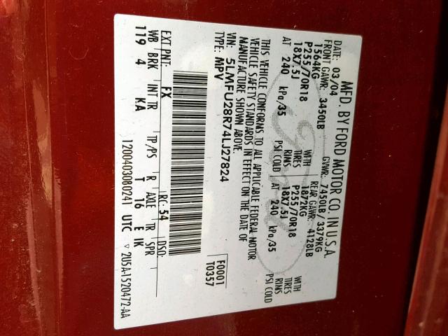 5LMFU28R74LJ27824 - 2004 LINCOLN NAVIGATOR 栗色 照片 10