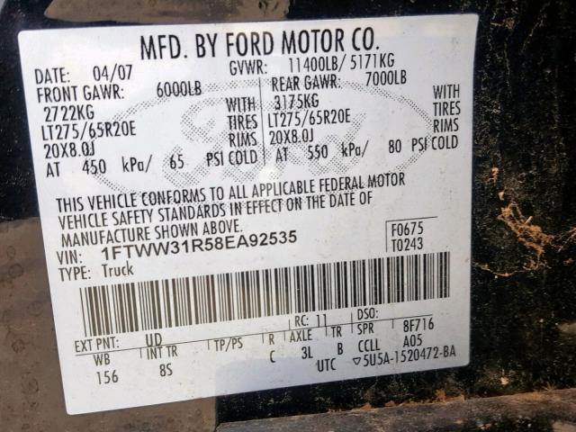 1FTWW31R58EA92535 - 2008 FORD F350 SRW S BLACK photo 10