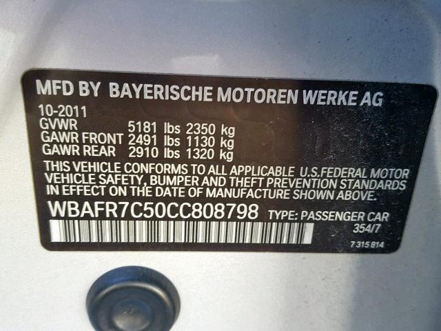 WBAFR7C50CC808798 - 2012 BMW 535 I SILVER photo 10
