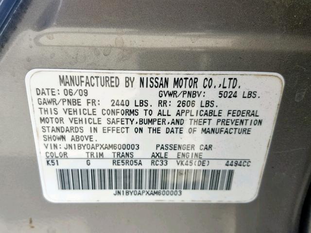 JN1BY0APXAM600003 - 2010 INFINITI M45 BASE GRAY photo 10