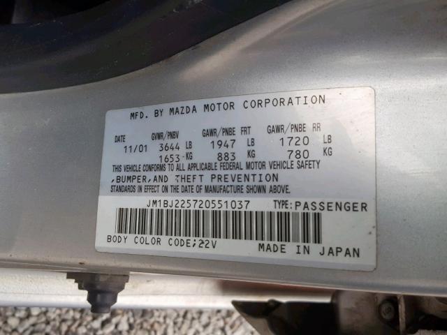 JM1BJ225720551037 - 2002 MAZDA PROTEGE DX SILVER photo 10