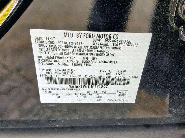 MAJ6P1WL0JC171897 - 2018 FORD ECOSPORT T BLACK photo 10