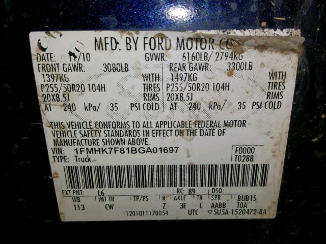 1FMHK7F81BGA01697 - 2011 FORD EXPLORER L BLUE photo 10