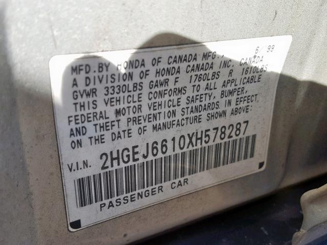 2HGEJ6610XH578287 - 1999 HONDA CIVIC BASE SILVER photo 10