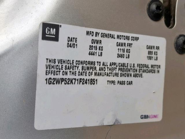 1G2WP52K71F241851 - 2001 PONTIAC GRAND PRIX SILVER photo 10